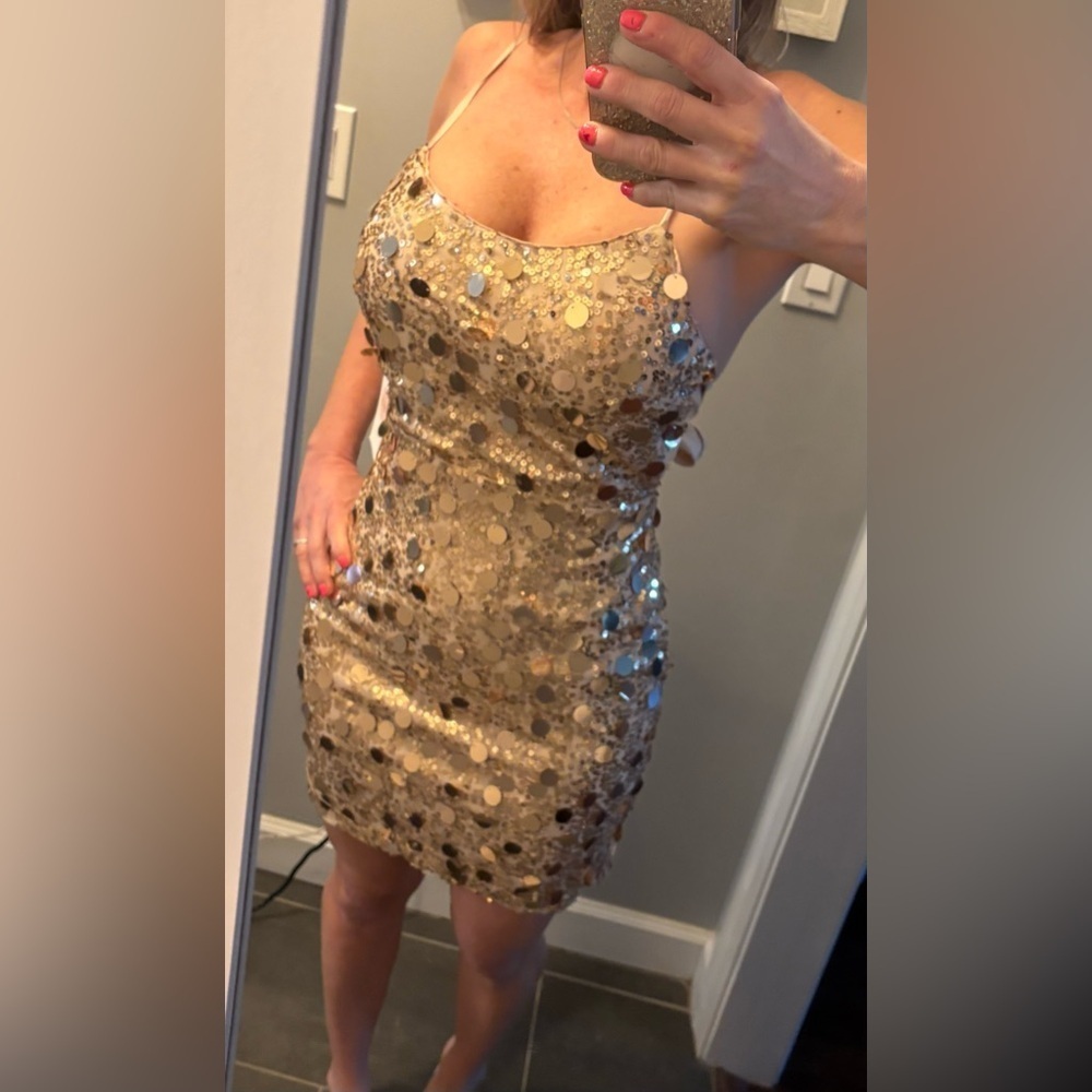 NWT Crystal Sky rose gold sequins mini dress sz m